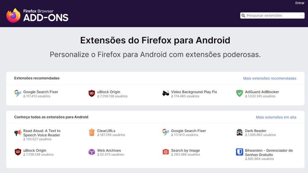 Extensões para Firefox versão Android