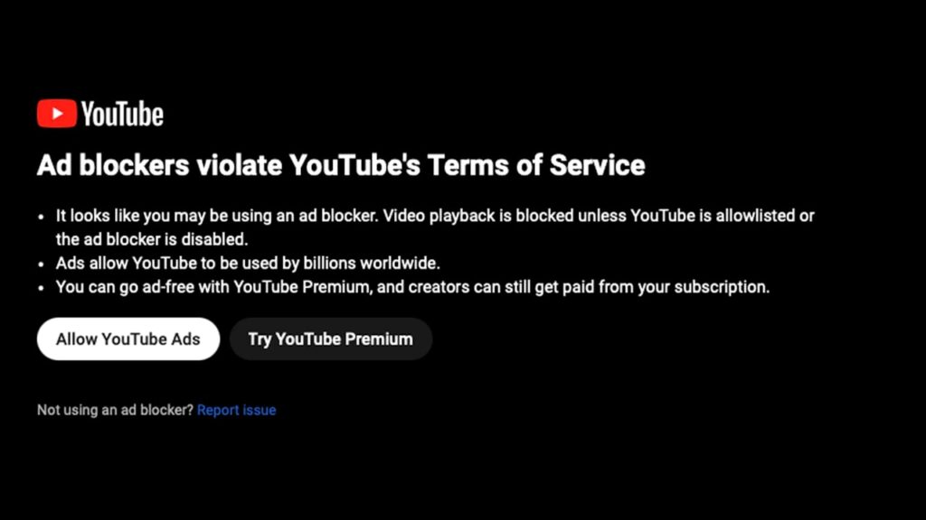 YouTube mensagem para bloqueadores de anúncio
