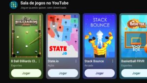 YouTube testa games para assinantes Premium, aba sala de jogos
