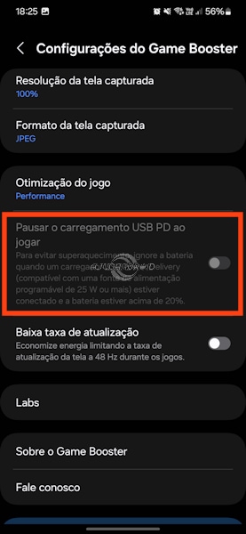 Ativando o "Pausar o carregamento USB PD ao jogar" no Galaxy S23