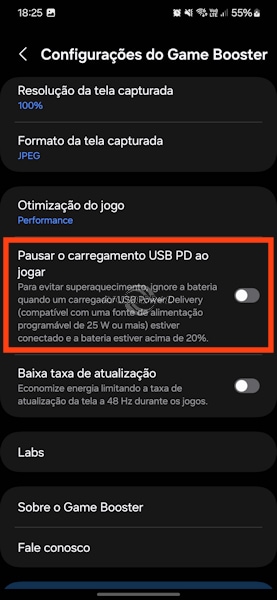 Ativando o "Pausar o carregamento USB PD ao jogar" no Galaxy S23