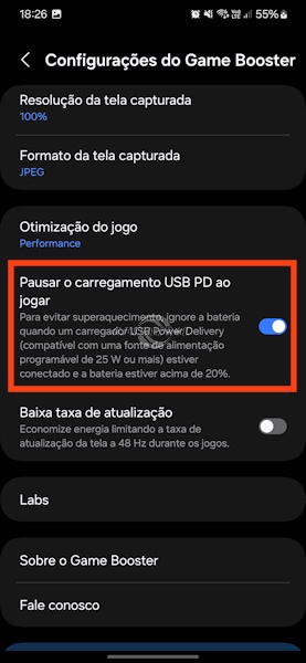 Ativando o "Pausar o carregamento USB PD ao jogar" no Galaxy S23