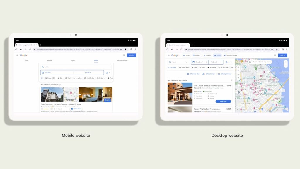 Chrome para tablet, comparação modo telefone e modo computador para sites