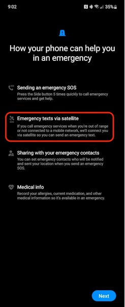 Galaxy S24 texto de emergência via satélite