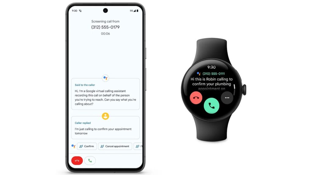 Google Pixel 8 e Pixel Watch utilizando respostas inteligentes para chamadas