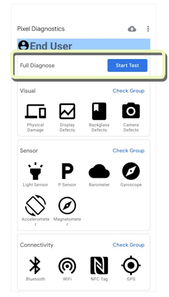 Google Pixel aplicativo de diagnóstico