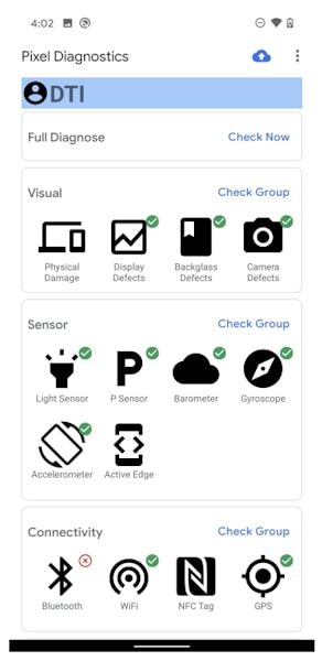 Google Pixel aplicativo de diagnóstico