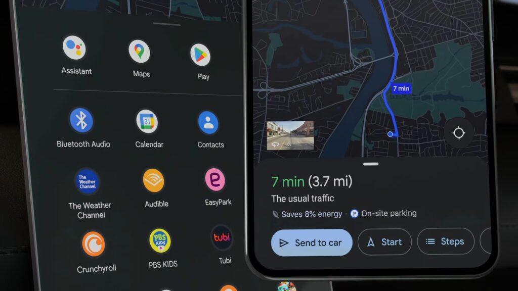 Android Auto aplicativos PBS KIDS e Crunchyroll e envio de viagem para Google Maps
