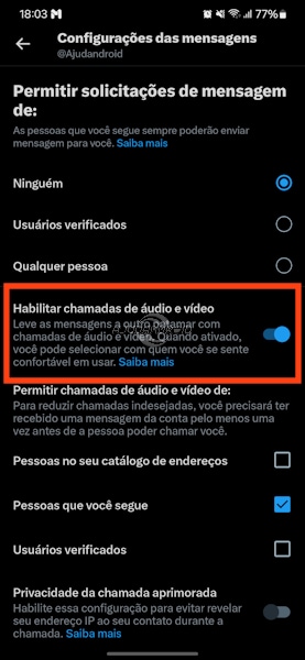 X (Twitter) Configurações mensagens, chamadas de áudio e vídeo