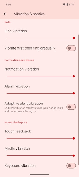 Android 15 opção para desativar vibração do teclado
