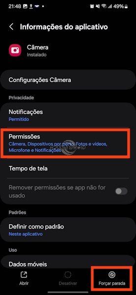 Android, tela sobre o aplicativo de câmera da Samsung