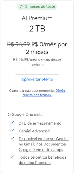 Gemini Advanced plano no Google One