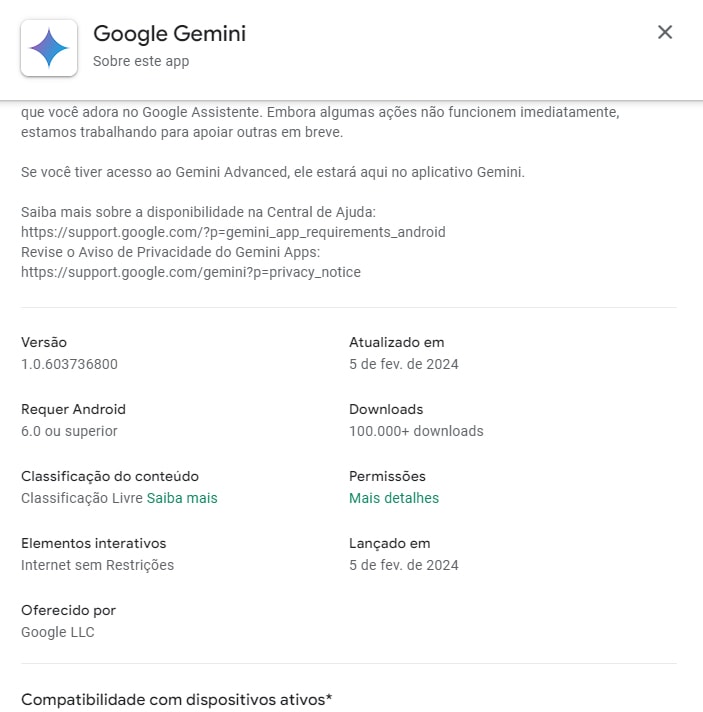 Gemini aplicativo para Android, requisitos na loja Google Play Store 