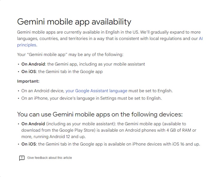 Gemini aplicativo para Android, requisitos na página de suporte