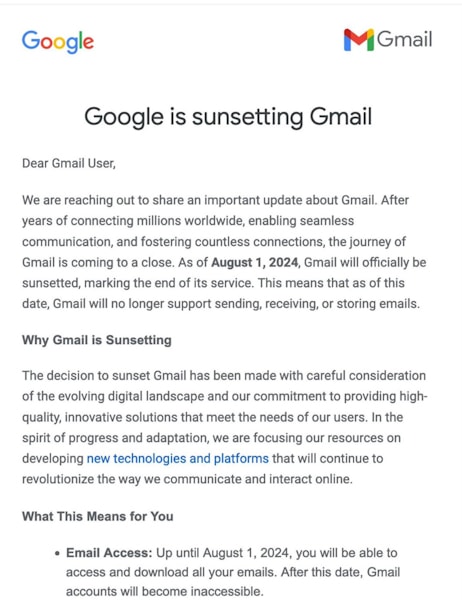 Gmail aviso falso de encerramento do serviço