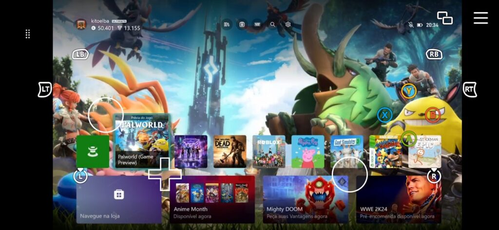 Xbox Beta com controle virtual na tela