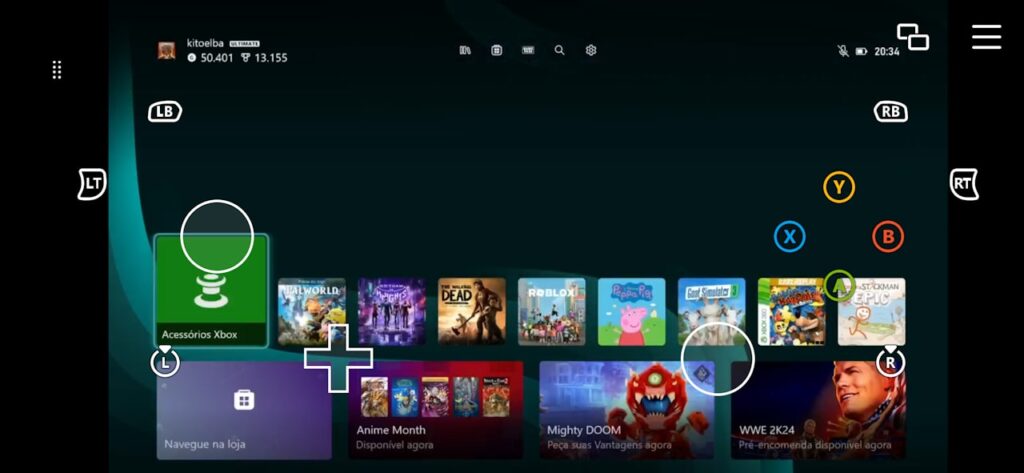 Xbox Beta com controle virtual na tela