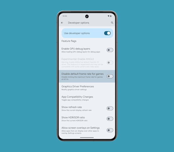 Android 15, opção para desativar limitador fps para games