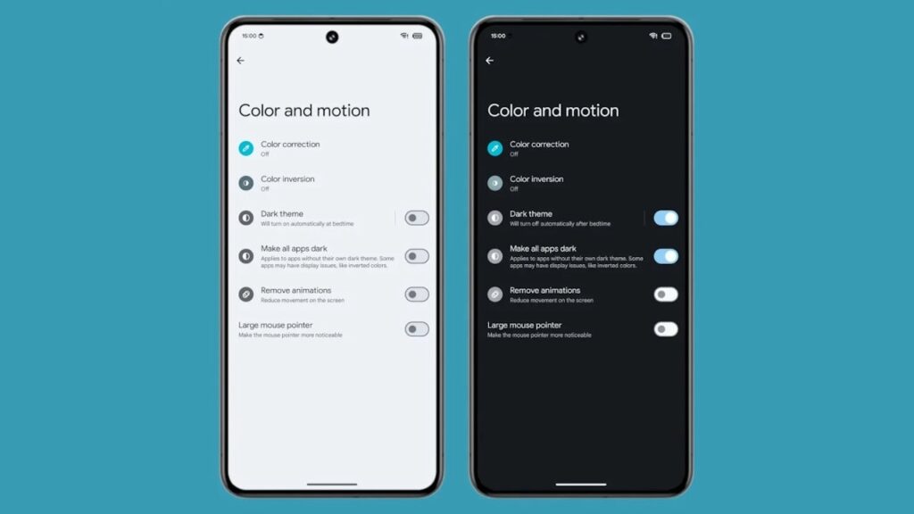 Android 15 opção "Make All Apps Dark" para forçar modo escuro nas aplicações
