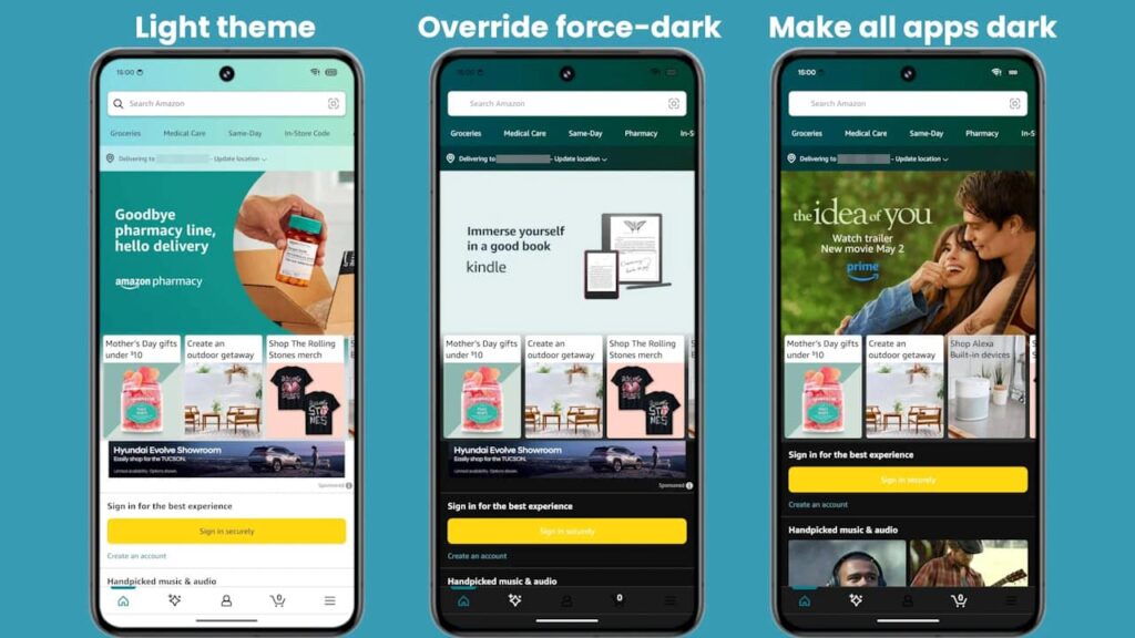 Android 15 opção "Make All Apps Dark" para forçar modo escuro nos app, ativado na Amazon