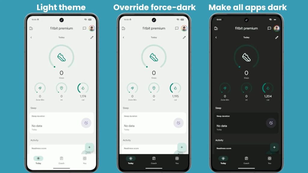 Android 15 opção "Make All Apps Dark" para forçar modo escuro nos app, ativado no Fitbit