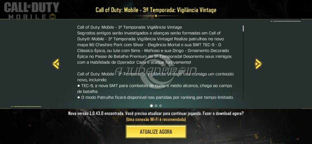 Call of Duty Mobile tela de atualizar agora
