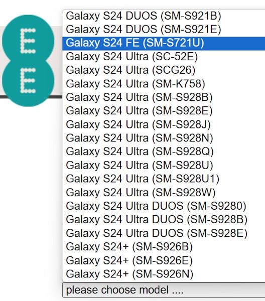 Galaxy S24 modelos FE aparece em lista da operadora EE