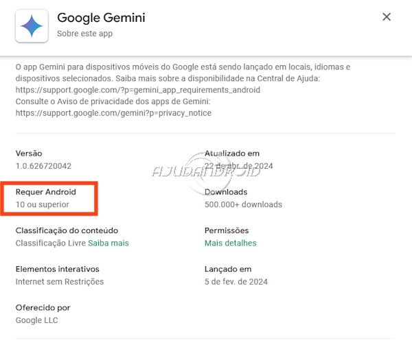 Aplicativo Google Gemini se torna compatível com o Android 10 ou superior