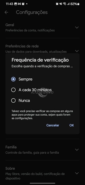 Google Play Store, verificação de compras com biometria, selecionado frequência de verificação