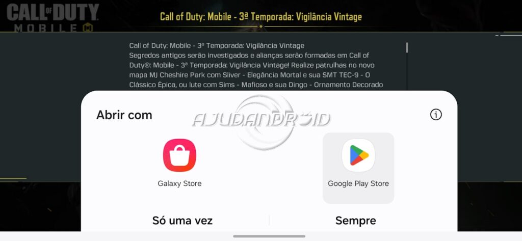 Sistema Android tela de seleção de loja para atualizar Call of Duty Mobile