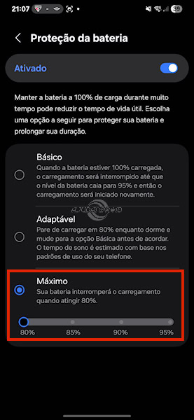 One UI 7 Proteção da bateria em até 95%