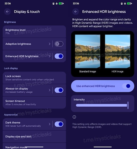 Android 16 controle de HDR