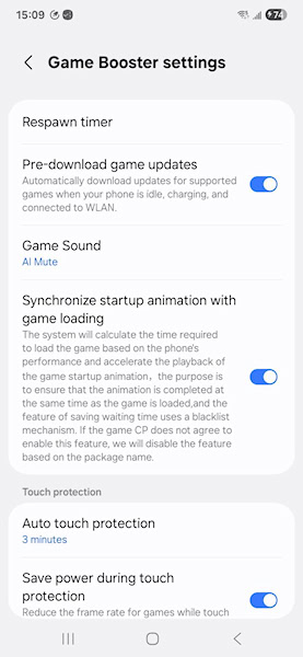One UI 8 Game Booster opções