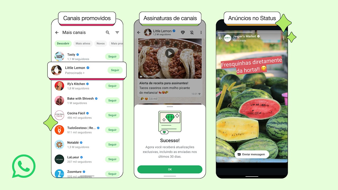WhtasApp anúncios nos Status, Canais promovidos e Assinaturas de Canais