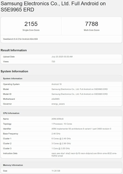 Exynos 2600 teste Geekbench
