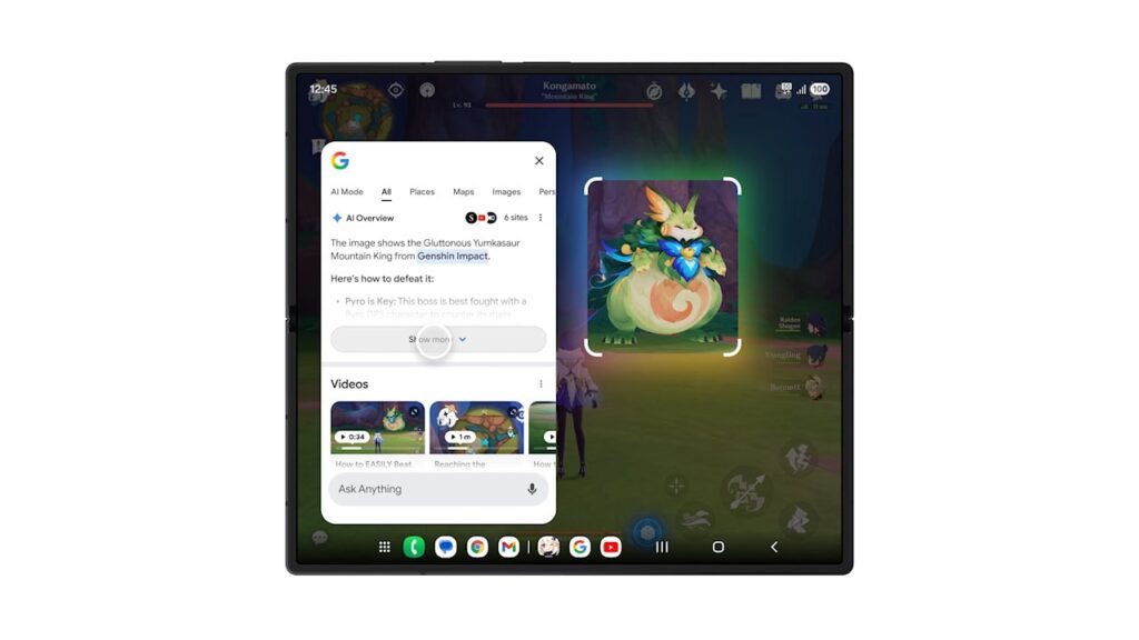 Galaxy Z Fold7 com Circule para pesquisar no game e Modo AI