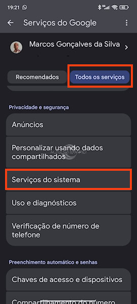 Serviços do sistema Google em configurações