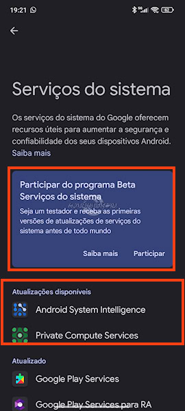 Serviços do sistema Google em configurações