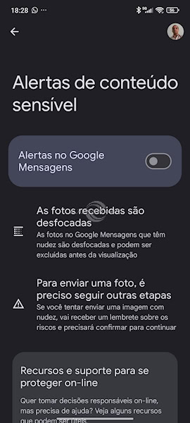 Google Mensagens proteção e segurança, alerta de conteúdo sensível
