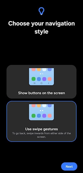 One UI 8.0 teste da tela de seleção da navegação do sistema na configuração inicial