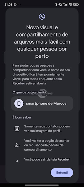 Quick Share novo visual com enviar e receber separados