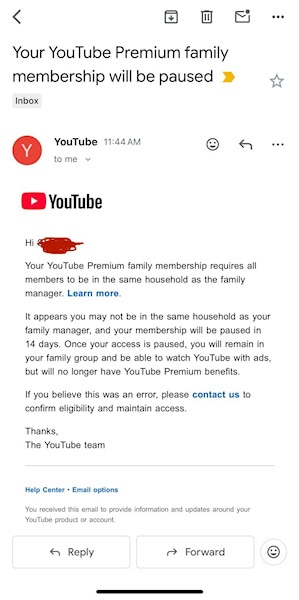 YouTube Premium Plano família aviso de pausa por não morar na mesma casa