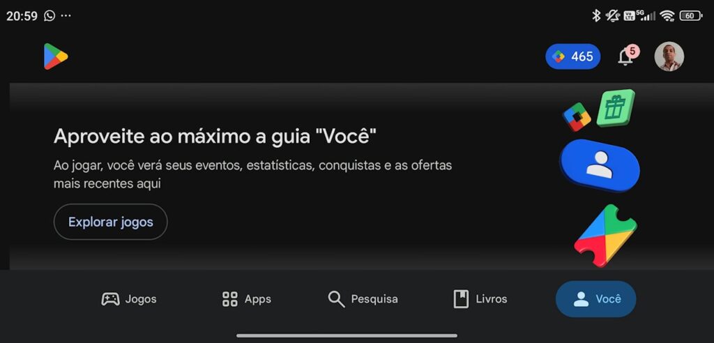 Google Play Store perfil de jogador na nova aba "Você"