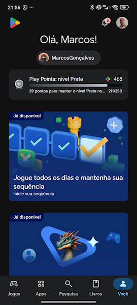 Google Play Store perfil de jogador na nova aba "Você"