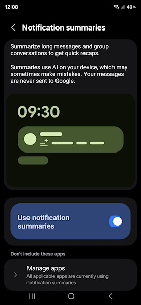 One UI 8.5 recurso de resumo de mensagens com IA na notificação