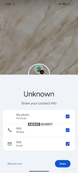 Android troca de contatos por aproximação, tela de compartilhamento