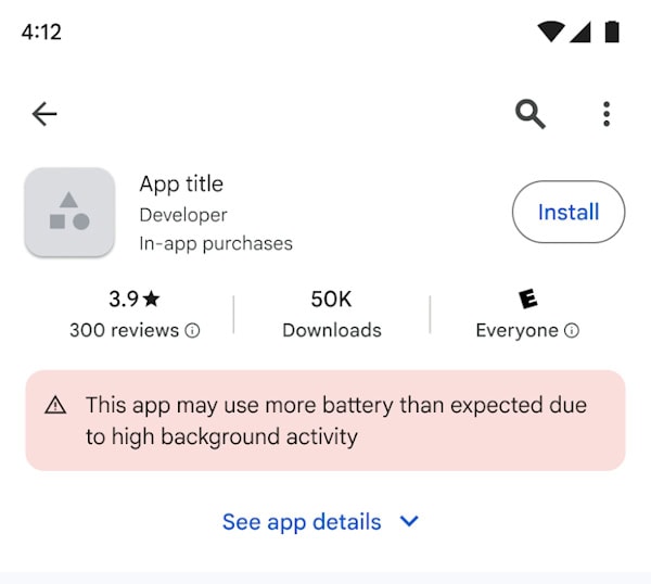 Google Play Store, aviso que a aplicação consome muita bateria em segundo plano
