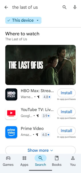 Google Play Store pesquisando conteúdo, série e filmes