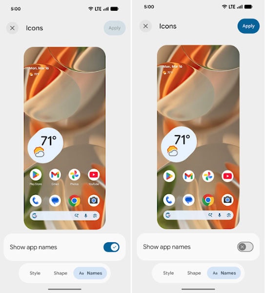 Android 17 opção de mostrar ou esconder os nomes dos aplicativos para deixar apenas ícones