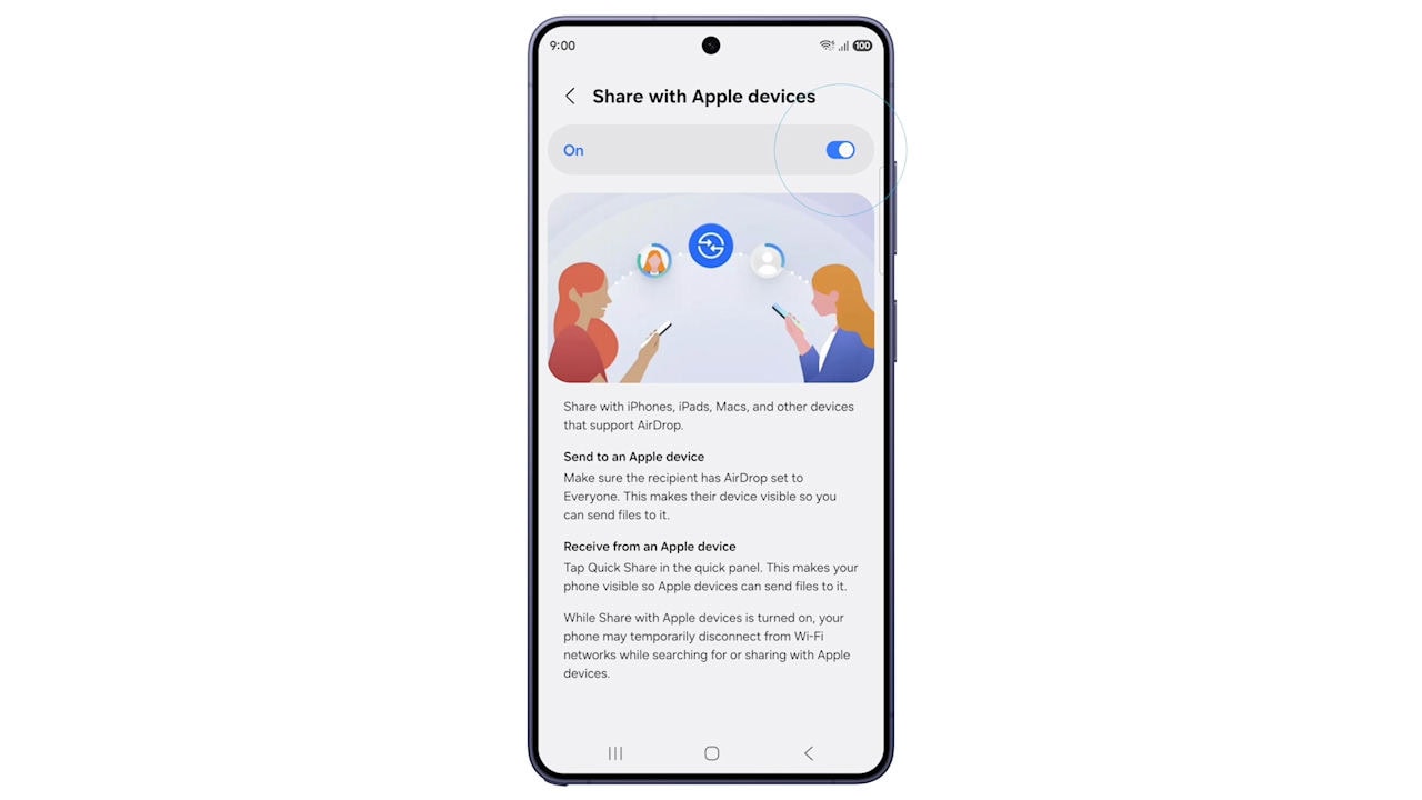 Galaxy S26, Quick Share com suporte para AirDrop